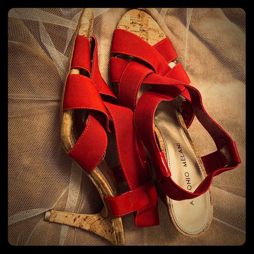 Red Strappy Cork Heels